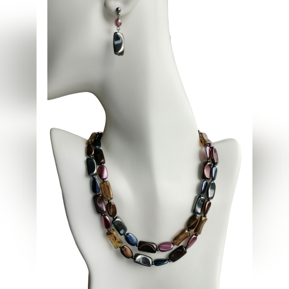 Vintage Czech Beaded Necklace Earrings set Purple Bronze